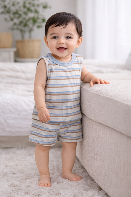 Infant Cotton Sleeveless Co-ord Set | Baby T-shirt & Shorts Set (Let's Blue Brown Stripes)