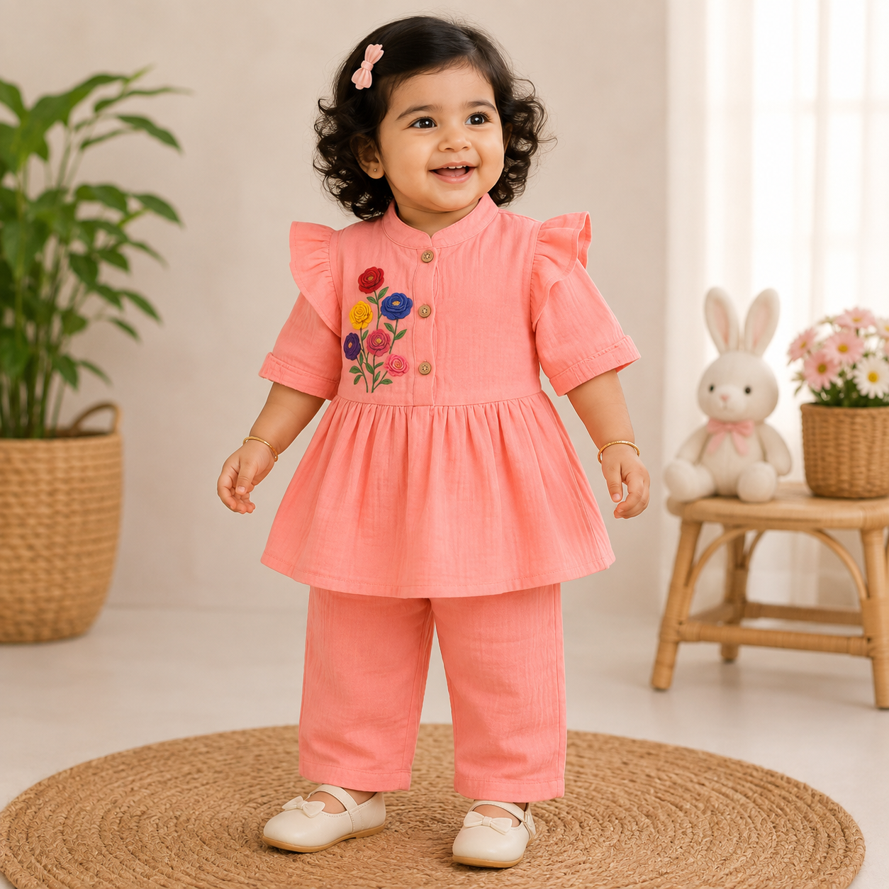 Airport - Kids Muslin Print  Balloon Sleeves Frock With Pant ( Salmon 2)
