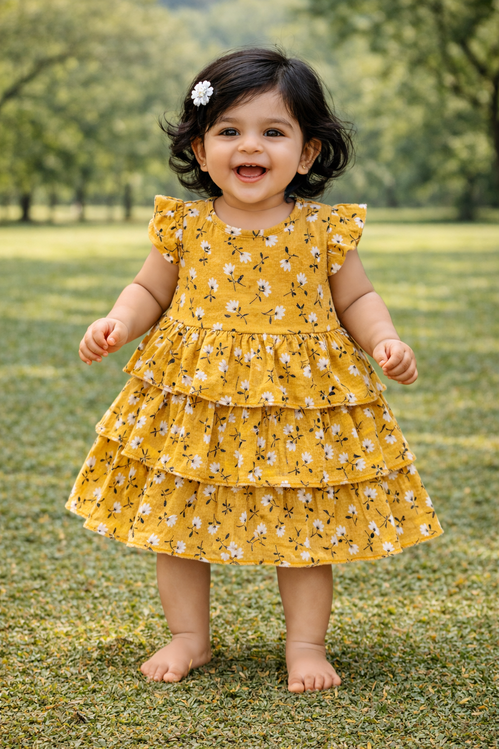 Half Sleeves Frill Frocks with BOW (Yellow Flower)