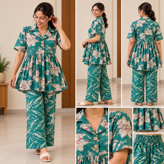 Women's Pure Cotton Collared Peplum & Palazzo Co-ord Set (Blue)