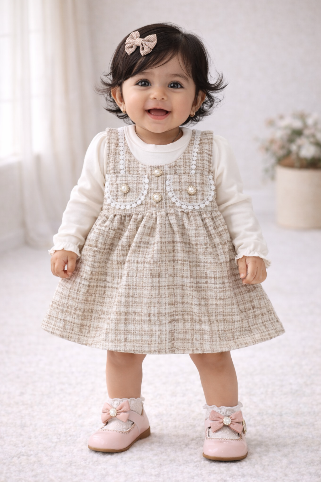 (KF009) - Premium Korean Style Baby Frock (Moss Cream)
