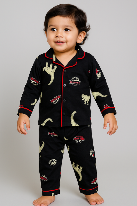 Kids’ Loungewear Collared sets (Black Dino)  (1-4 Yrs))