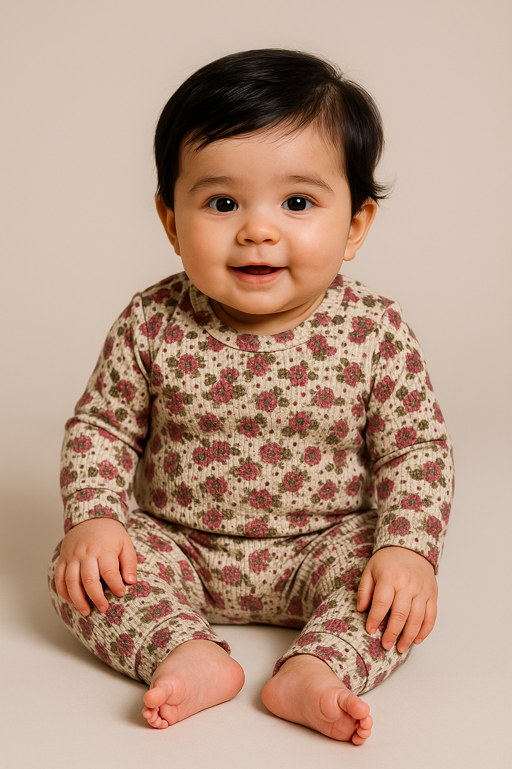 Premium Full sleeves Ribbed Tshirt with Pant (Bloomed Burgundy flowers)