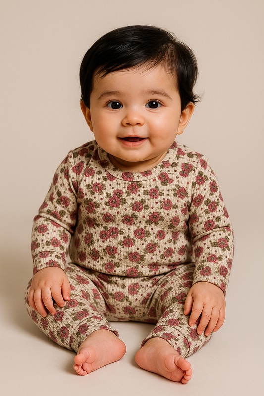 Premium Full sleeves Ribbed Tshirt with Pant (Bloomed Burgundy flowers)