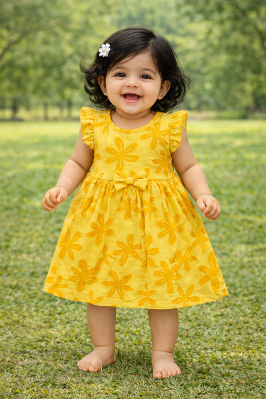 Half Sleeves Frill Frocks with BOW ( Light & Dark Yellow Flower)
