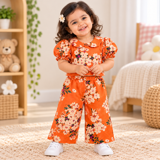 Girls Casual Cotton Printed Peter Pan Collar Co-ord Set (C053P)(Fanta) (PRE- Booking)