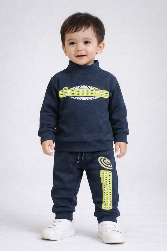 Premium Winter High Neck Pant Set For Kids(Navy Blue-dots circle)