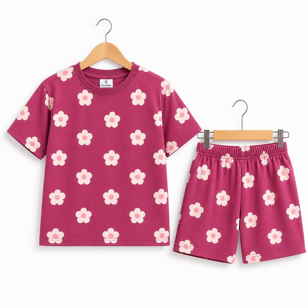(DS009) - Drop-Shoulder Tshirt & Shorts sets (Maroon Flower)