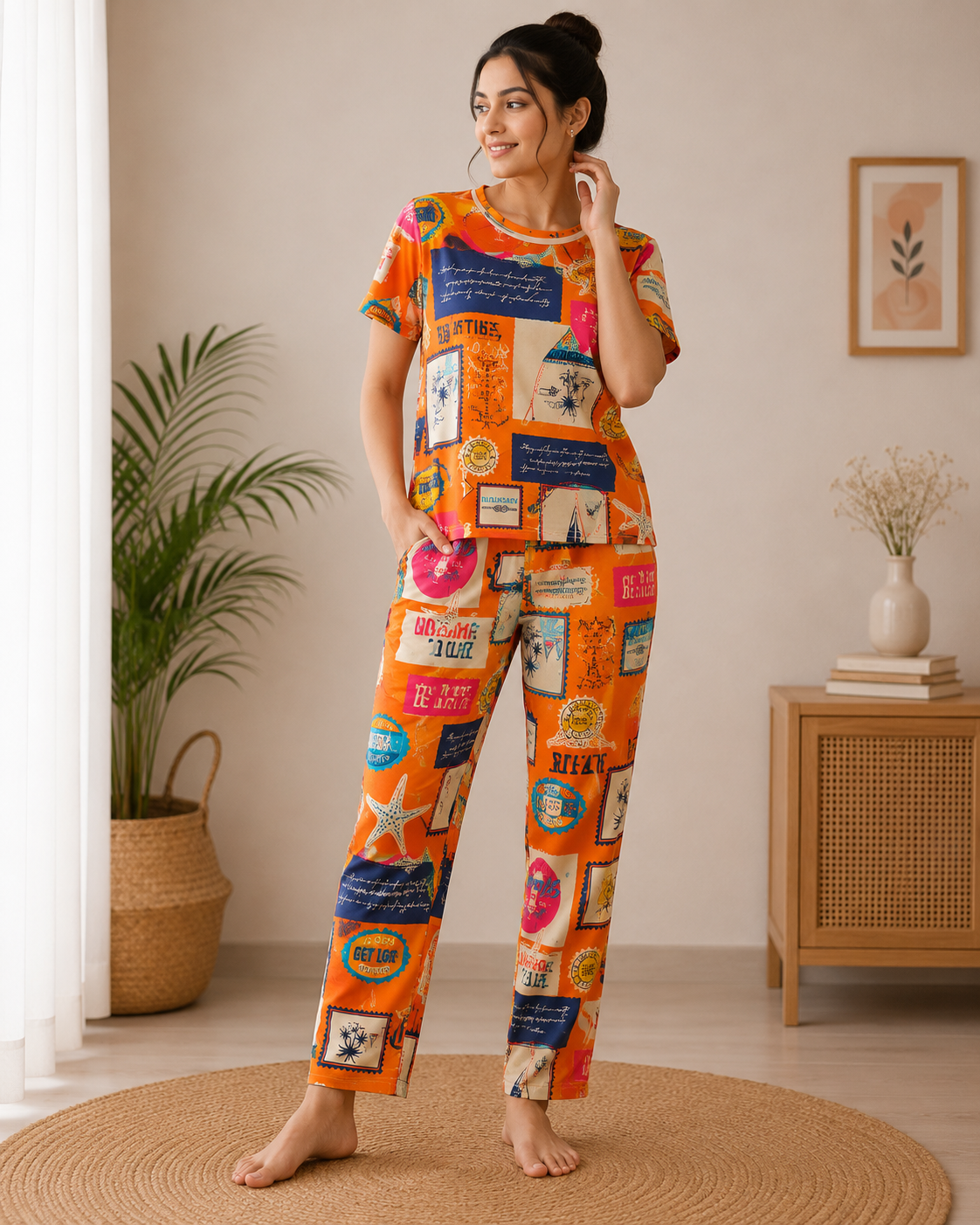 Women's Premium Cotton T-Shirt & Pant Co-Ord Set Lounge Wear With Pocket ( Summer Paradise )