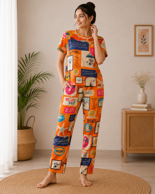 Women's Premium Cotton T-Shirt & Pant Co-Ord Set Lounge Wear With Pocket ( Summer Paradise )