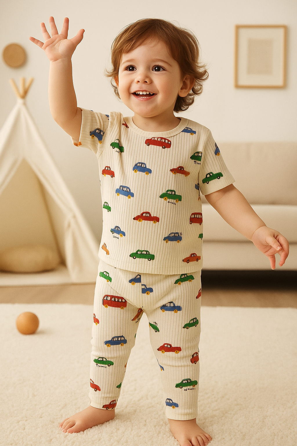 Premium Ribbed Shorts sleeves Tshirt with Pant (Beige Car) (2-4 Yrs)