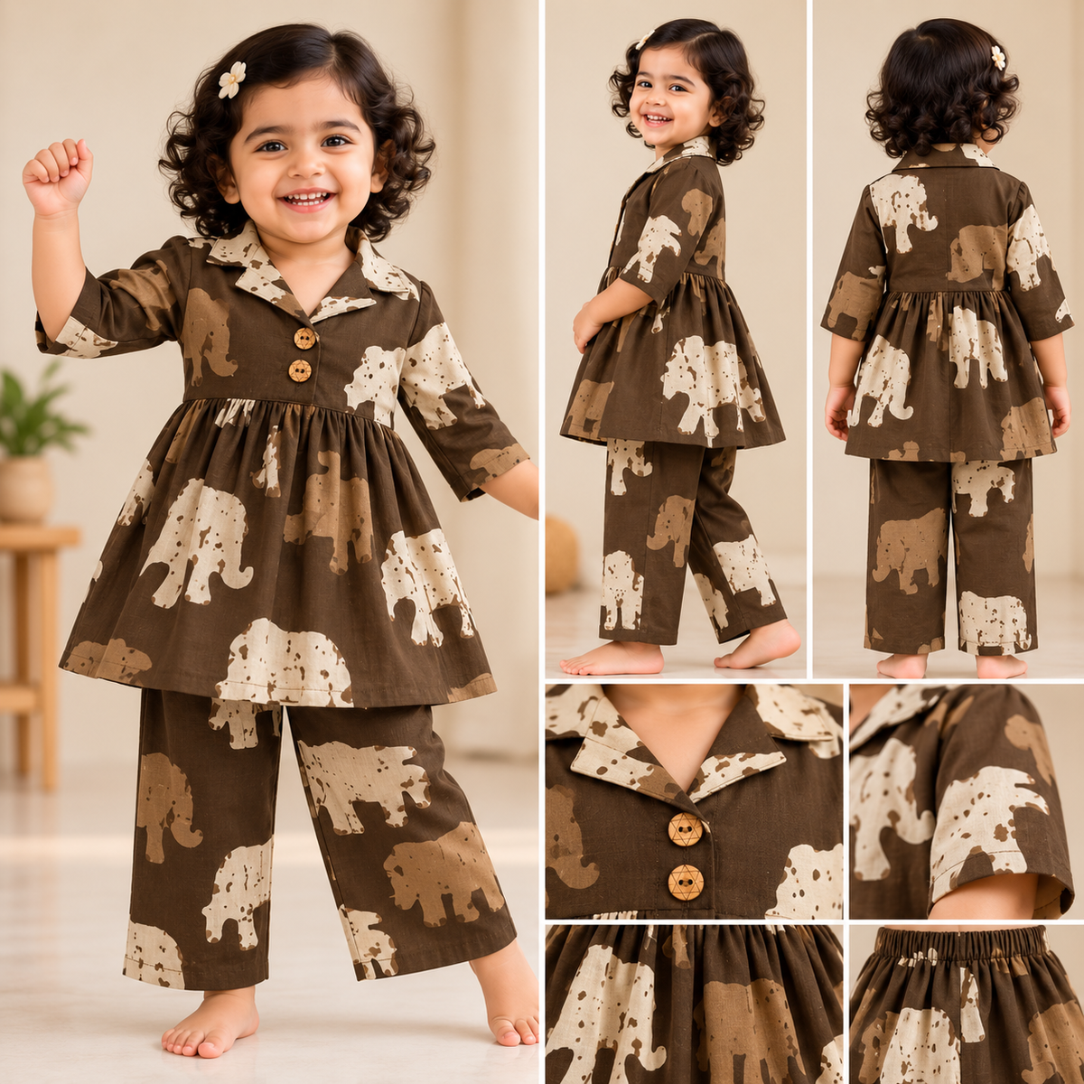 Girls Cotton Peplum Top & Pant Co-ord Set – Shades Elephant (CP109) (Pre-booking)