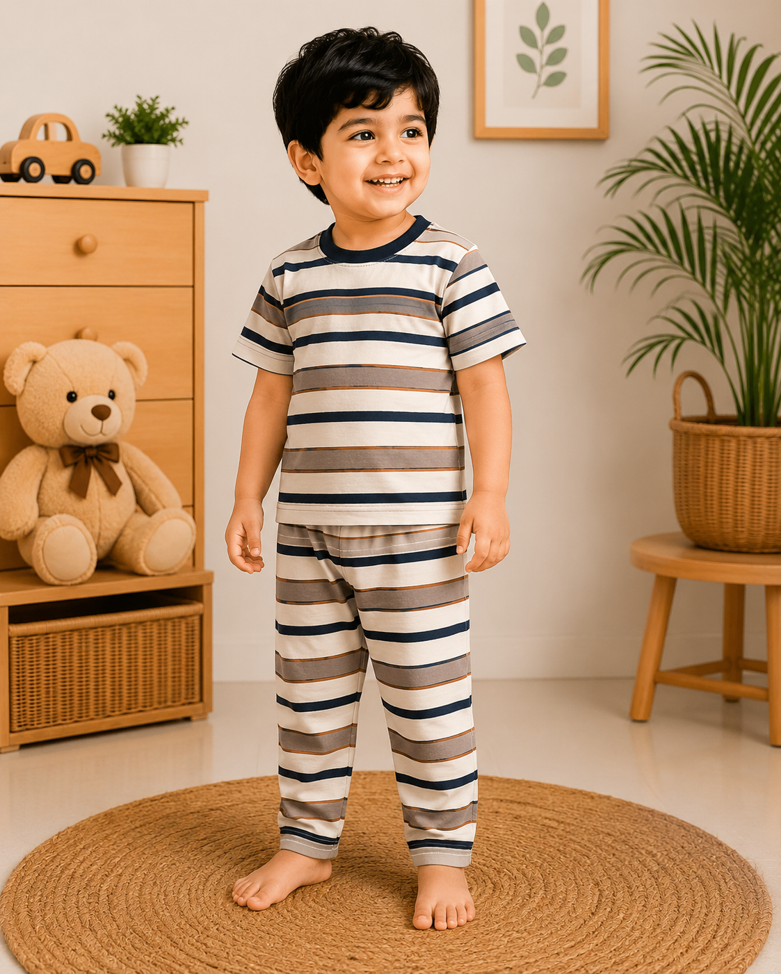 Soft Cotton Half sleeves Tshirt with Pant( Cream Brown Stripes)
