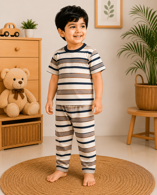 Soft Cotton Half sleeves Tshirt with Pant( Cream Brown Stripes)