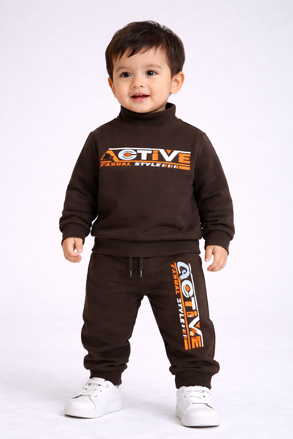 Premium Winter High Neck Pant Set For Kids(Brown-Active)