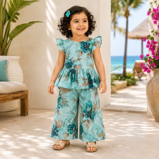 Girls Casual Cotton Printed Semi- Peplum Top & Pant Co-ord Set (0-11 Yrs) (C042)