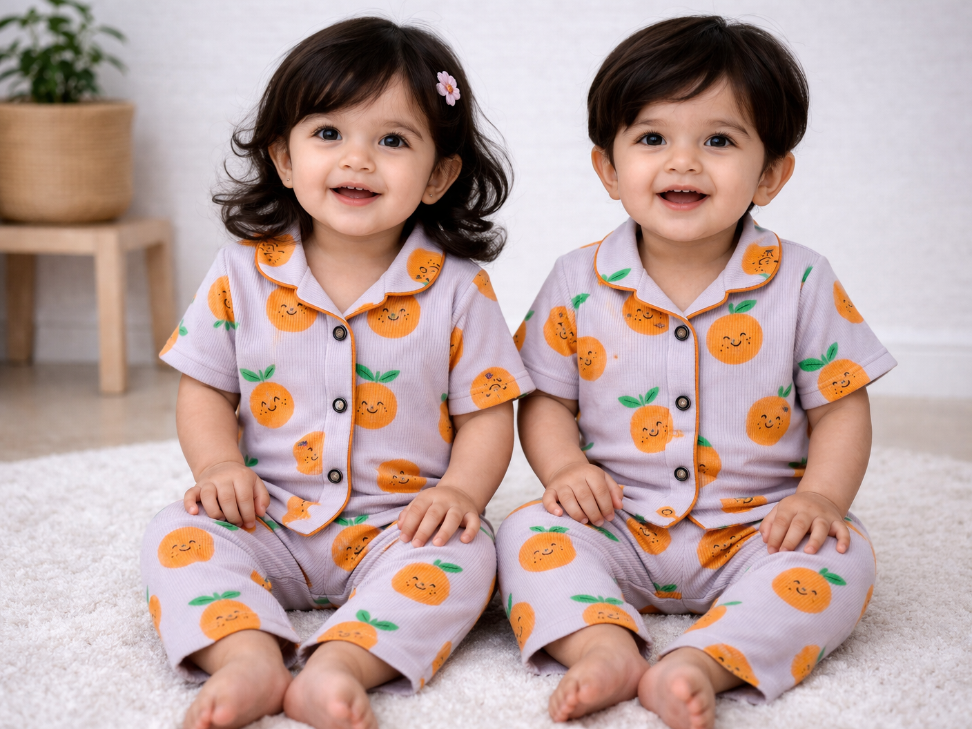 Premium Half Sleeves Collar Ribbed Tshirt with Pant (Orange Smiley)