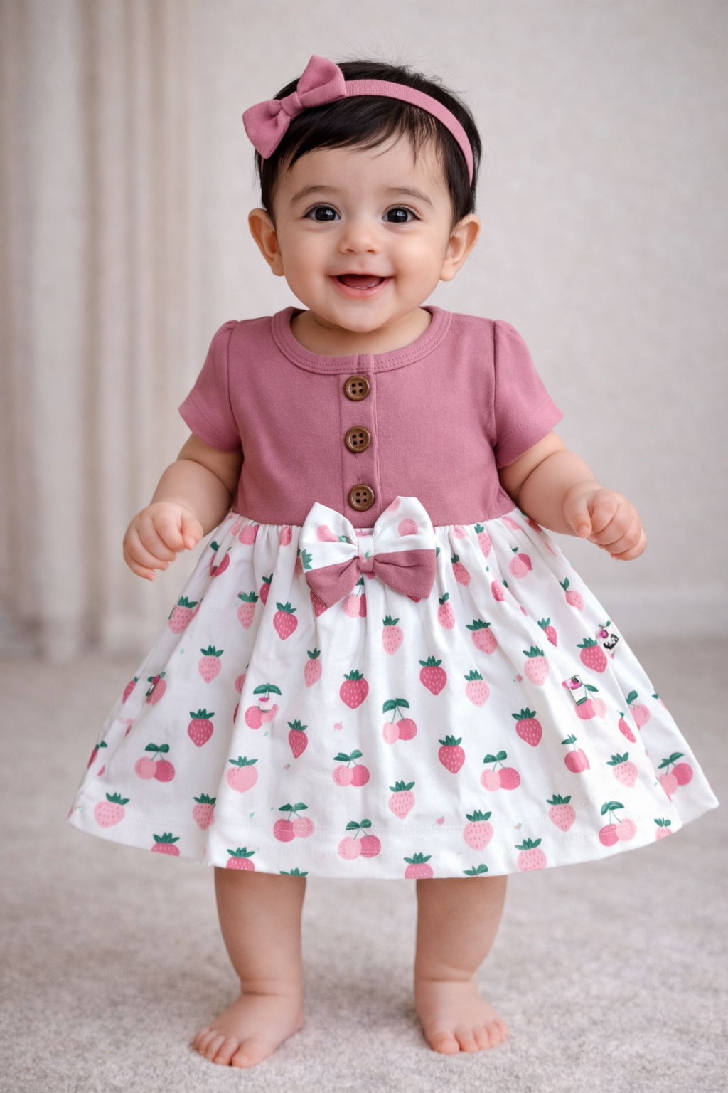 Cotton Front Button Bow Frocks( Maroon pink Strawberry)