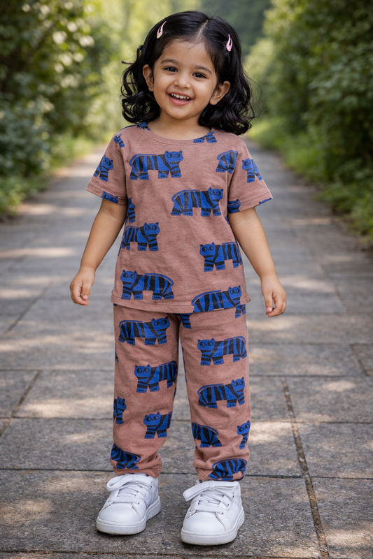 Premium Ribbed Half Sleeves Pajama Set (Brown blue cat)