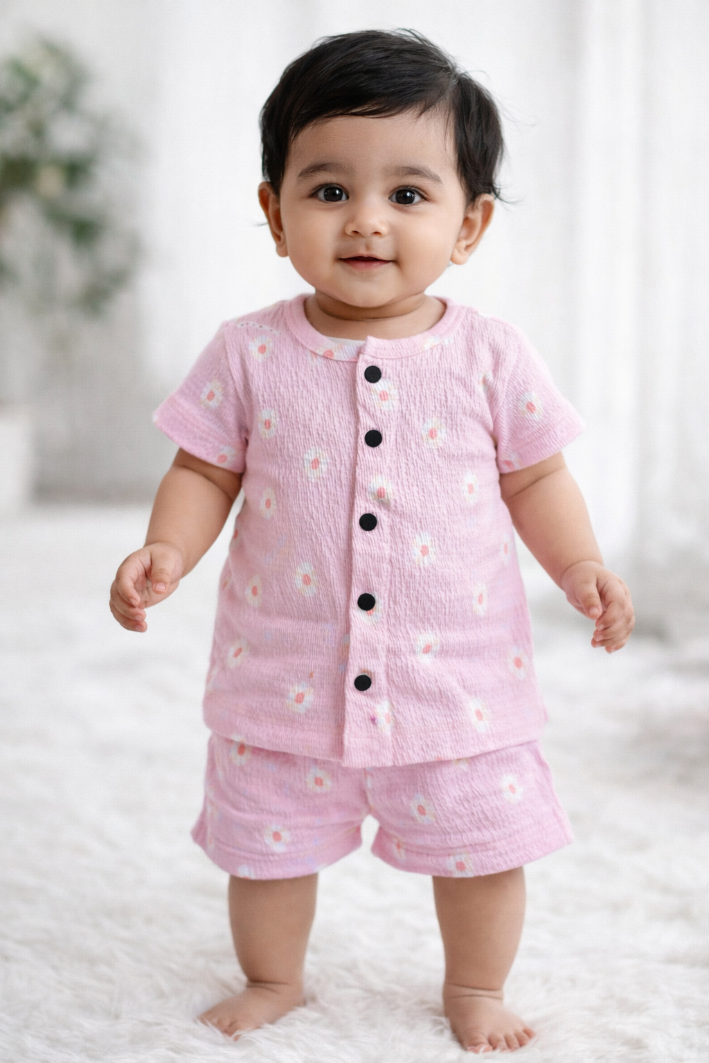 Airport - Crinkled  Front open Tshirt with Shorts Sets (Pink flower)