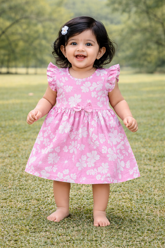 Half Sleeves Frill Frocks with BOW (Baby Pink And White Flower)