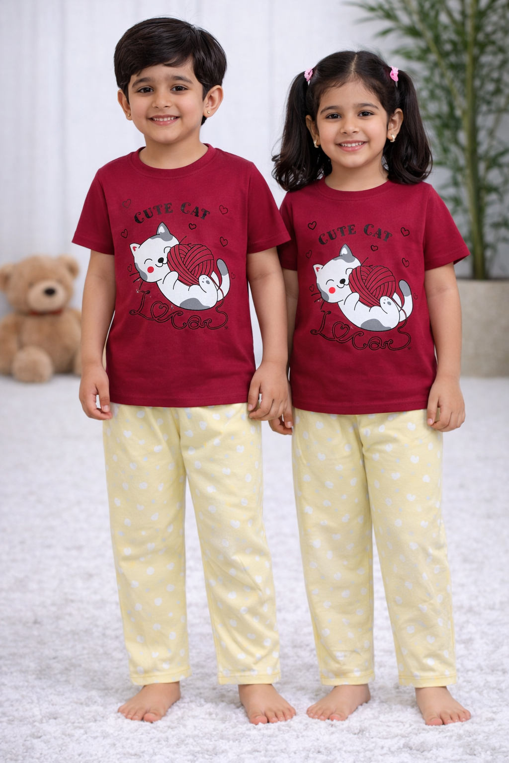 Premium Cotton Contrast Half Sleeves Pajama Set (Red KITTY +ICE YELLOW)