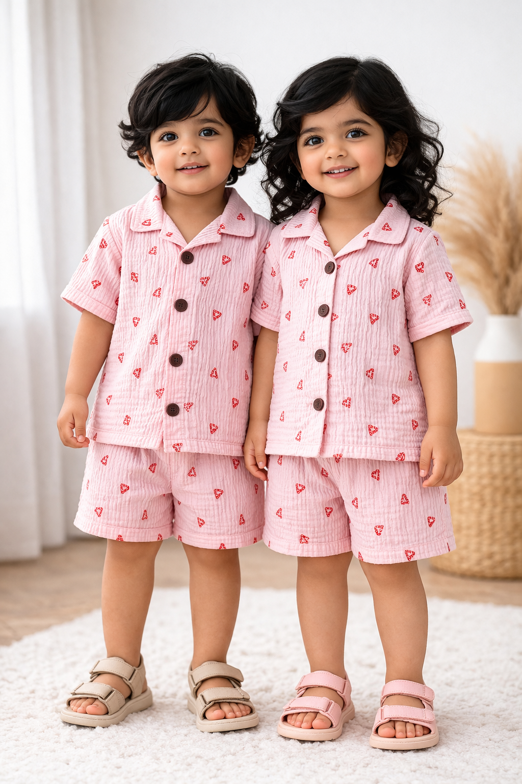 Airport - Crinkled Front open Tshirt with Shorts Sets ( Pink Heart)