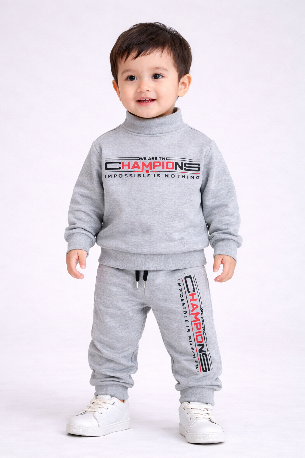 Premium Winter High Neck Pant Set For Kids(Sliver- Champions)