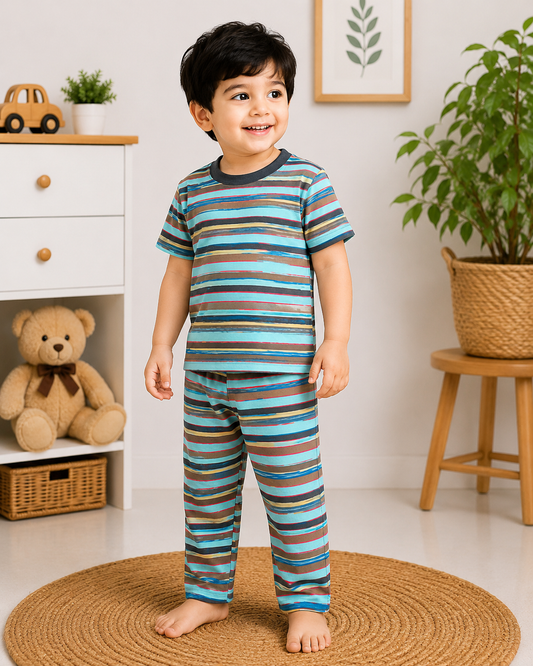 Soft Cotton Half sleeves Tshirt with Pant( Brown Sky Stripes)