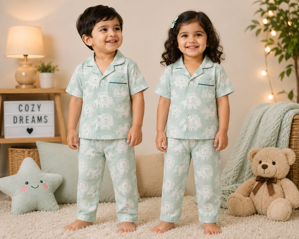 Premium Cotton Collar Half Sleeves Night Suit Sets (Pista Lion)