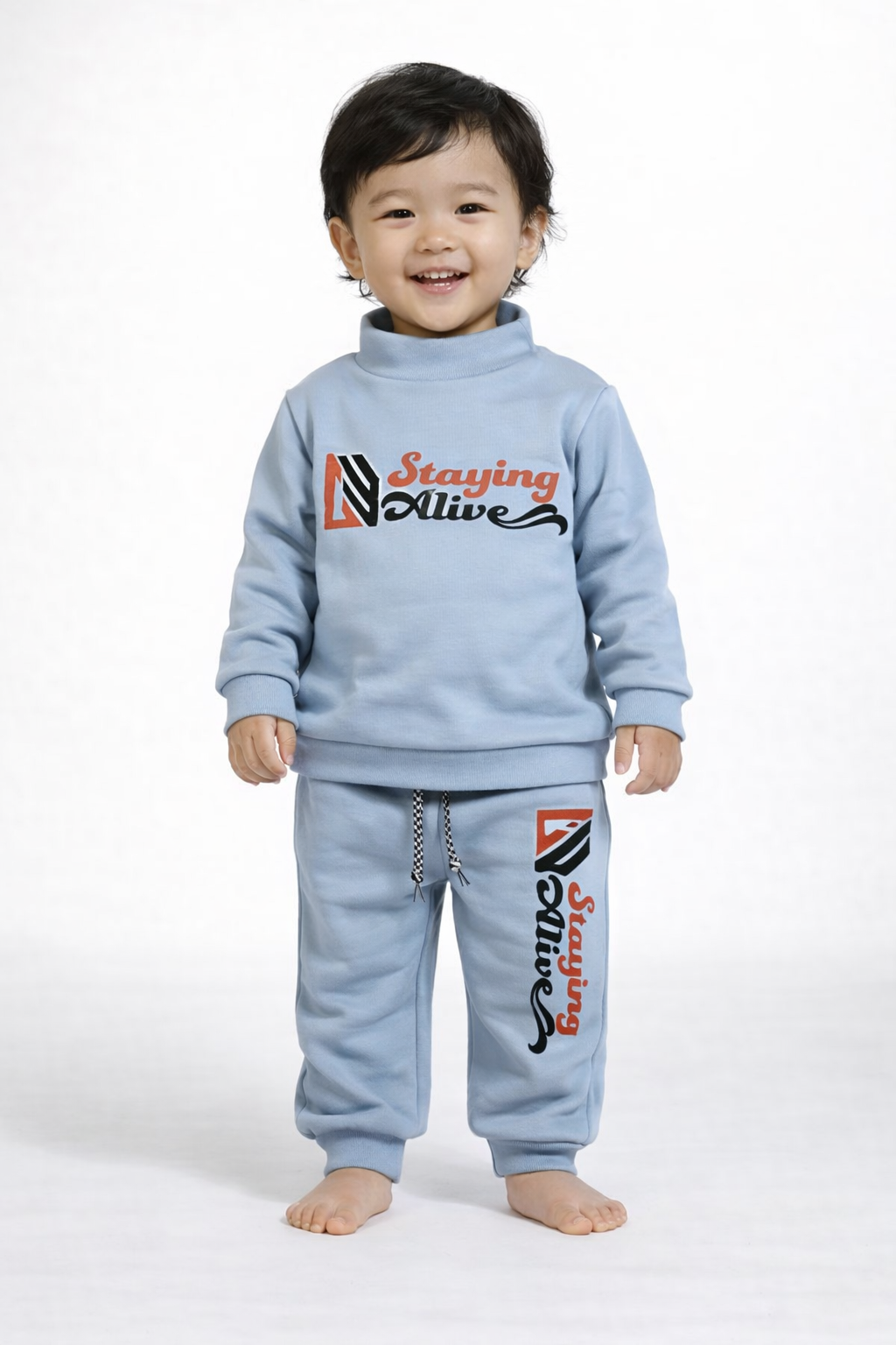 Premium Winter High Neck Pant Set For Kids(Cyan -Staying Alive)