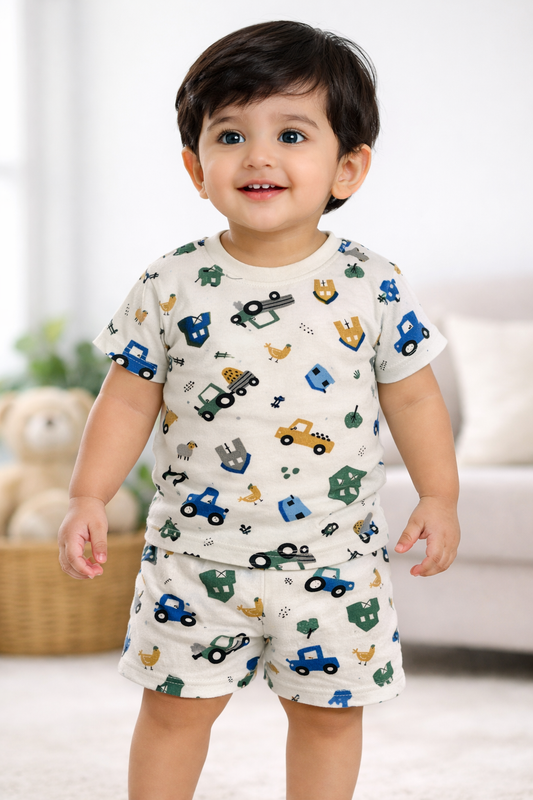 Cotton Shorts Sleeves Tshirt with Shorts Sets (White Blue Car)