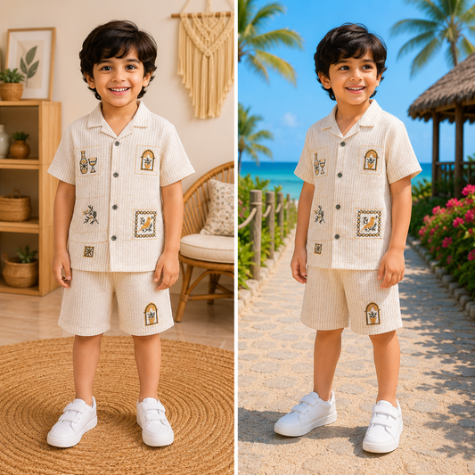(LB014) - Linen Blend Embroidered Co- Ord Set  (Bottle Birds)