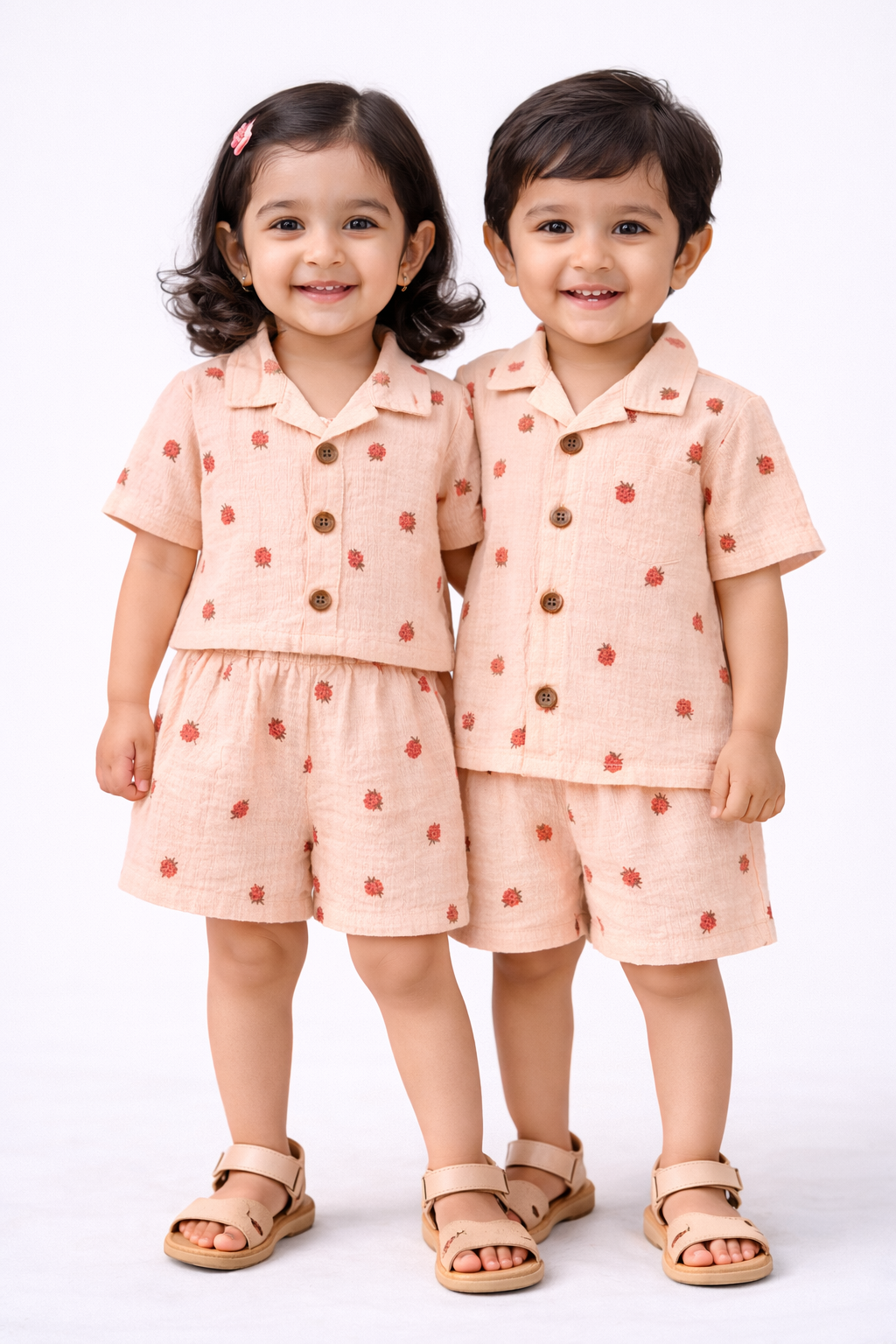 Airport - Crinkled Front open Tshirt with Shorts Sets (Peach & Cherry)