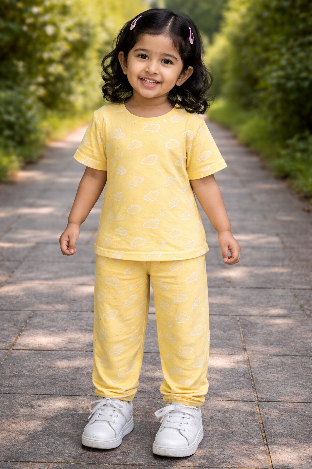 Premium Ribbed Half Sleeves Pajama Set (  Yellow Design)