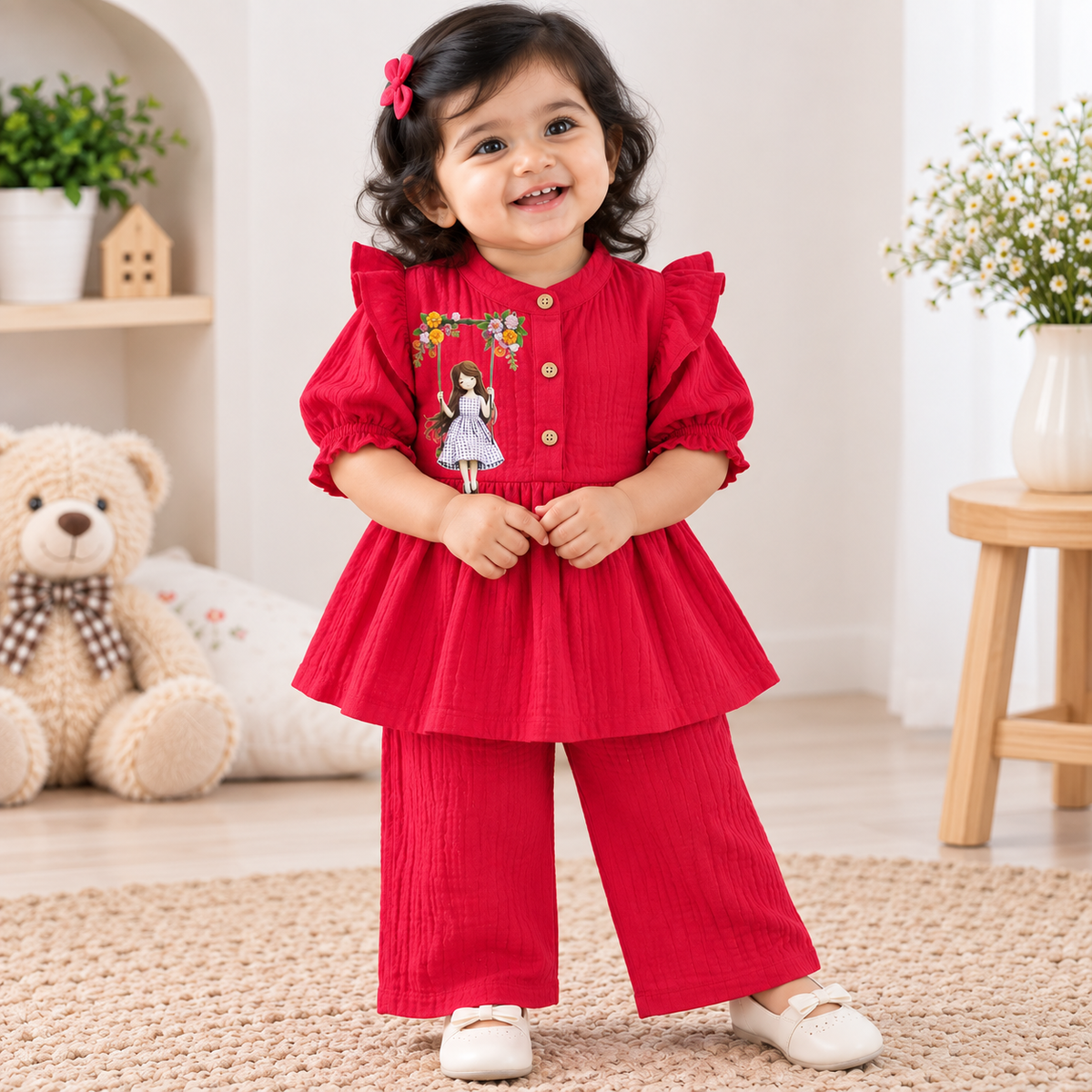 Airport - Kids Muslin Print  Balloon Sleeves Frock With Pant (Red Purple Girl)