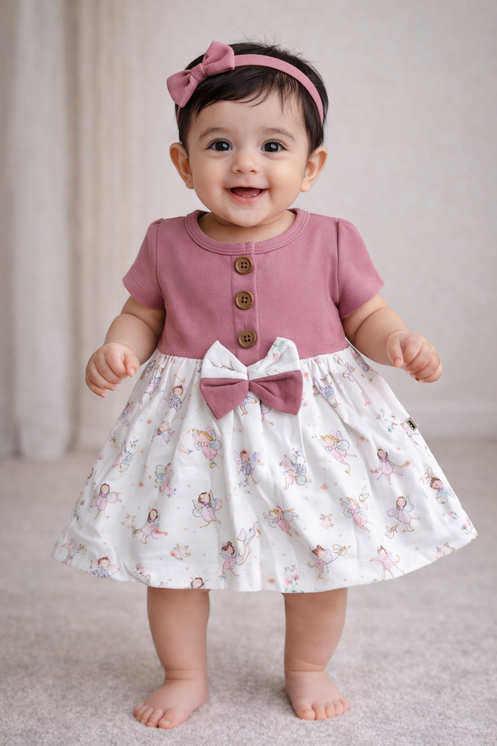 Cotton Front Button Bow Frocks( Maroon  Dancing Girl)