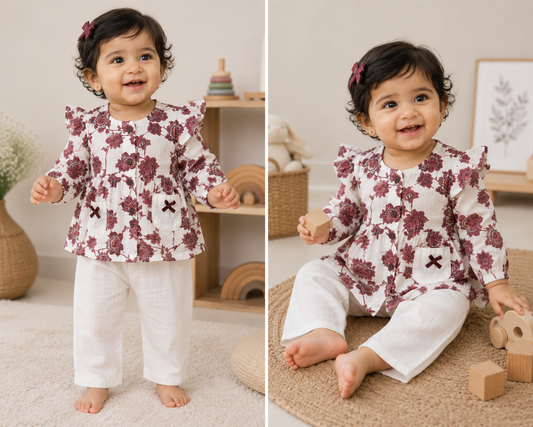 Airport - Kids Muslin  Balloon Sleeves Frock With Pant (Cream Ruby Flower)