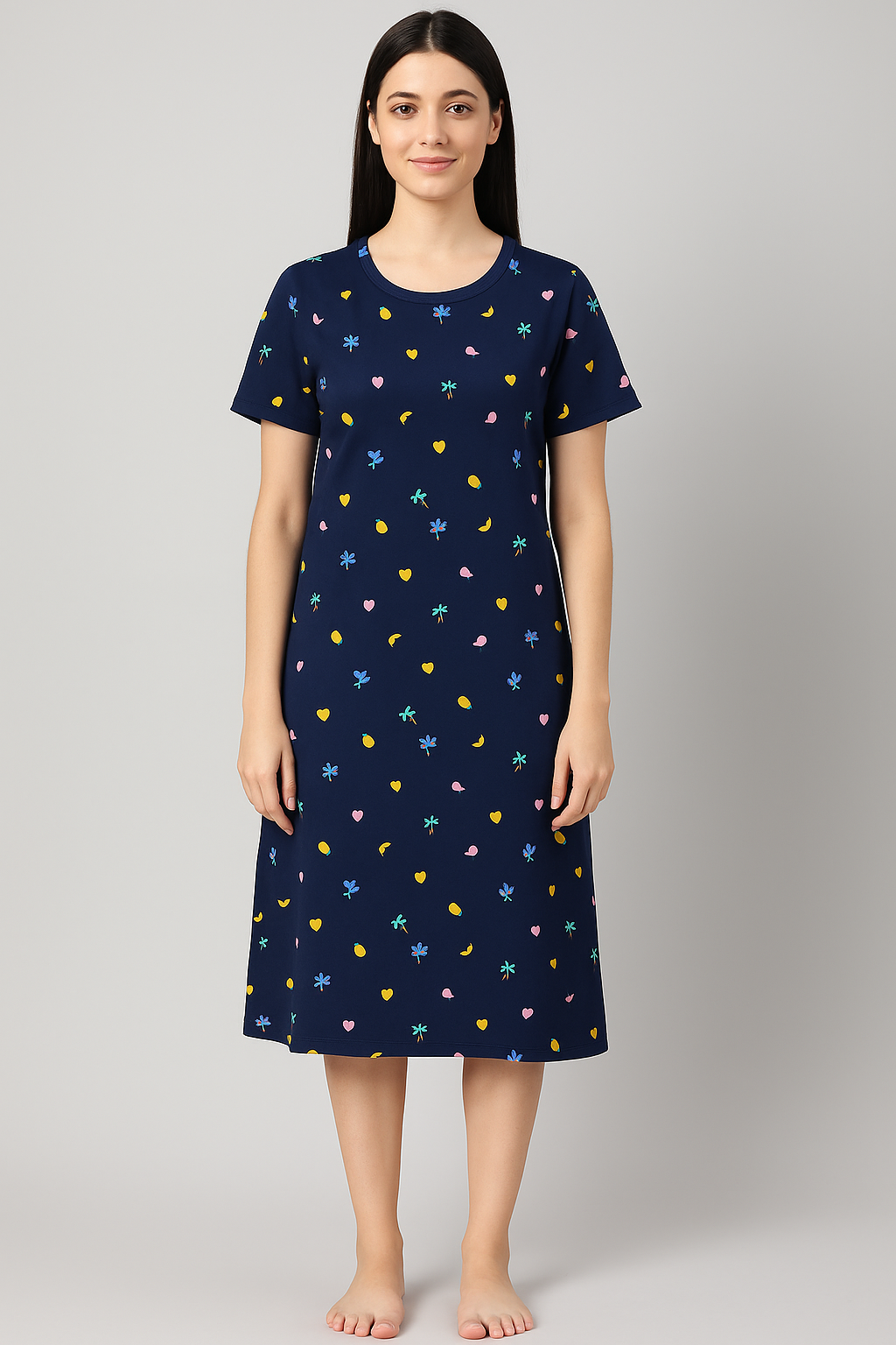 Women's Long POLO A-Line Top (Navy Hearts & Nature)