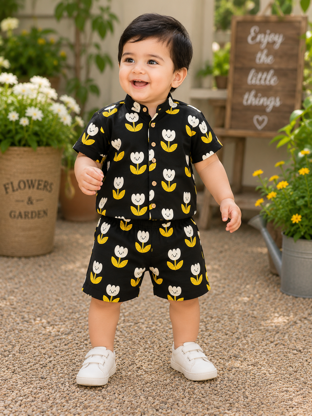 Airport - Kids Muslin Co-ord Set – Front Open Collar Shirt & Shorts (Black Smiley Flowers)