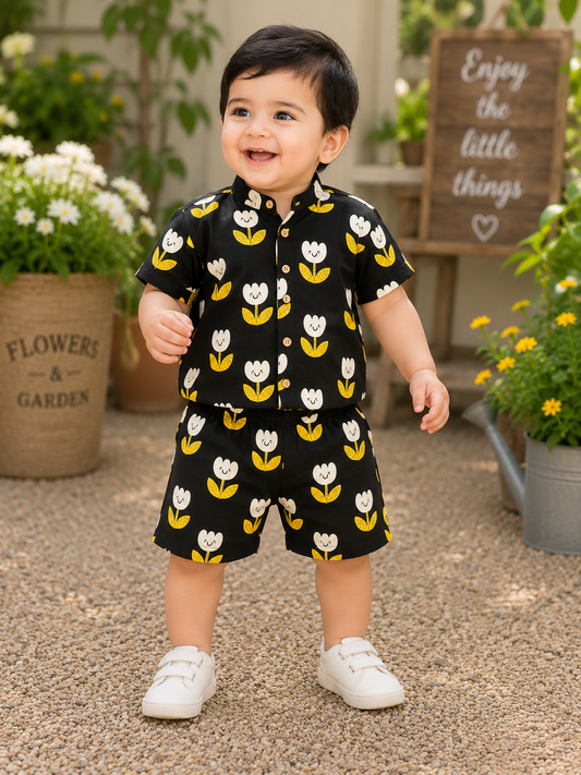 Airport - Kids Muslin Co-ord Set – Front Open Collar Shirt & Shorts (Black Smiley Flowers)