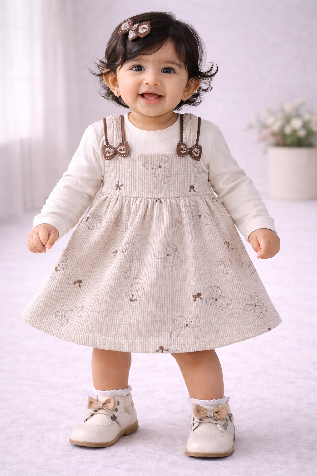 (KF018) - Premium Korean Style Baby Frock (Cream Rabbit)