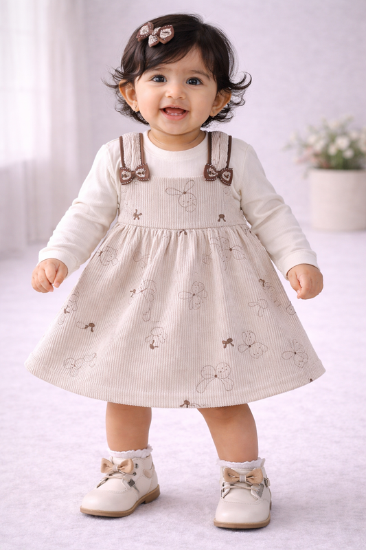 (KF018) - Premium Korean Style Baby Frock (Cream Rabbit)