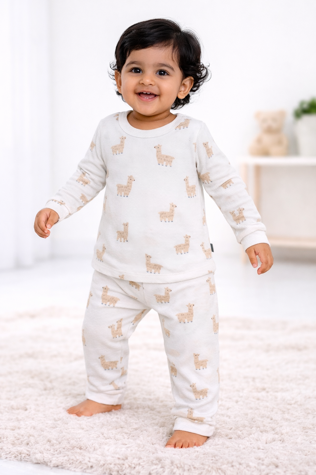Premium Full sleeves Ribbed Tshirt with Pant (Cream Deer)