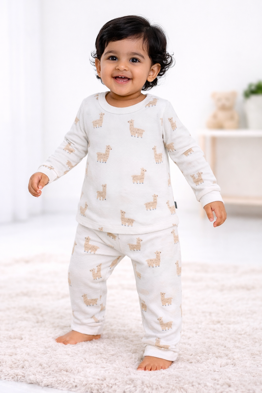 Premium Full sleeves Ribbed Tshirt with Pant (Cream Deer)