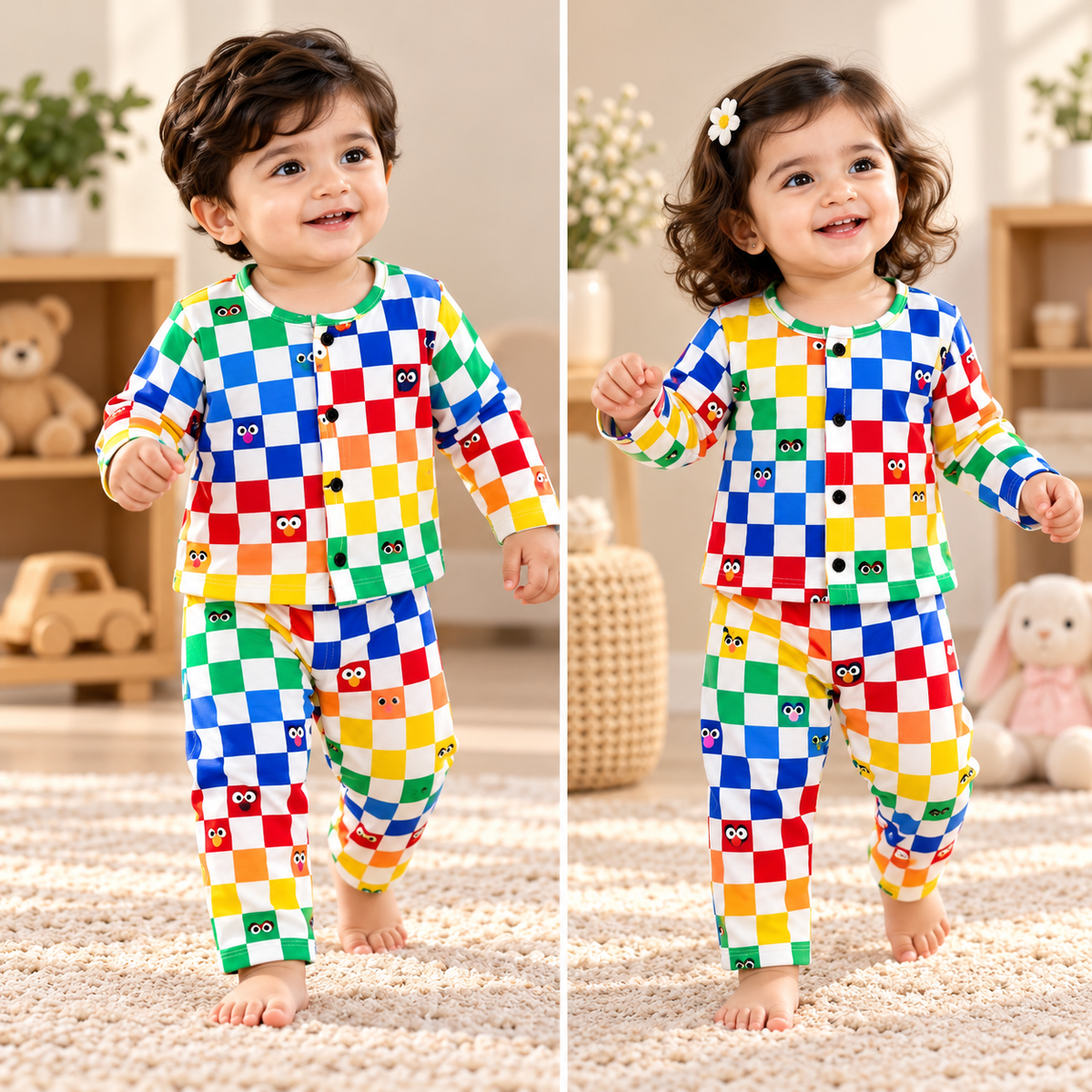 Kid's Front Open Lounge Wear Sets (Multiple Checks) (F003)