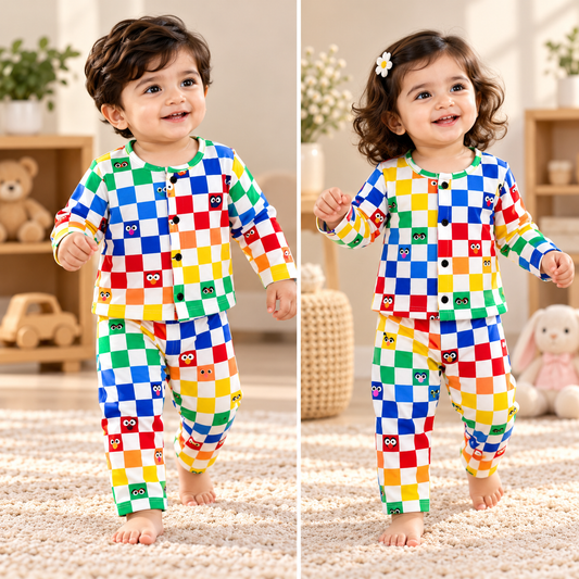 Kid's Front Open Lounge Wear Sets (Multiple Checks) (F003)