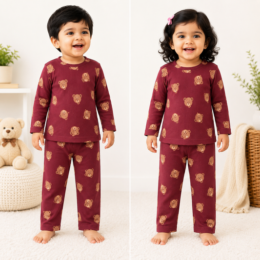 Premium   Ribbed  Full Sleeves T-Shirt With Pant (Maroon Bear)