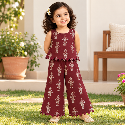 Girls Casual Cotton Printed W-Cut Top & Pant Co-ord Set(CW002) (Dancing Doll)