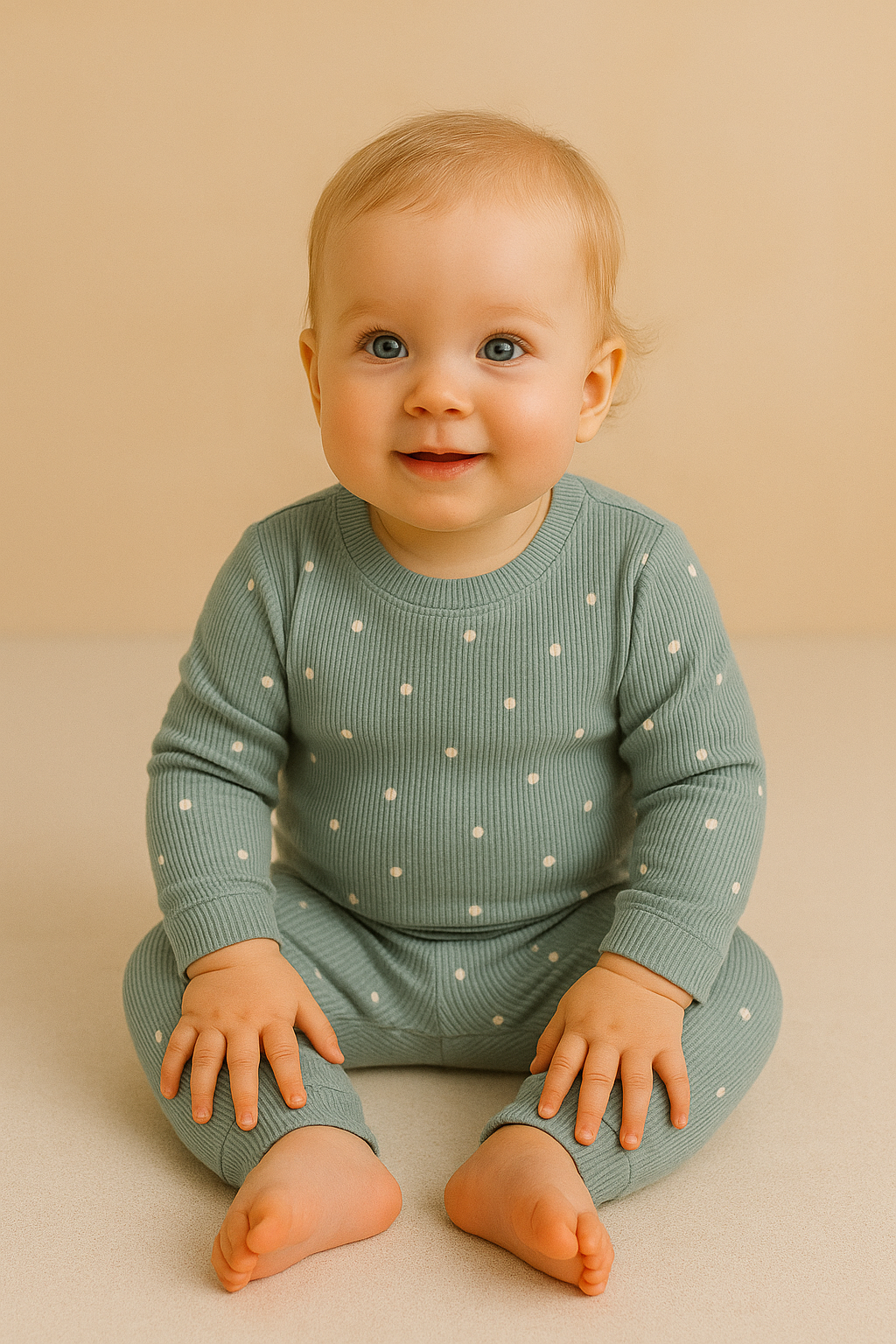 Premium Full sleeves Ribbed Tshirt with Pant (Blue Dotted)(0-12 Months)
